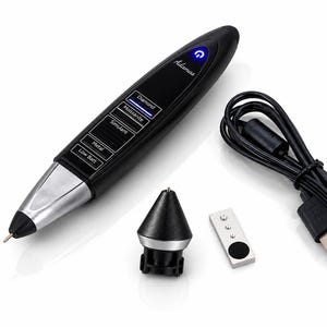 May include: Black handheld diamond tester with silver tip, buttons labeled "Diamond", "Moissanite", "Simulant", "Metal", and "Low Batt". Includes a USB cable, a small silver and black accessory, and a black cone-shaped attachment.
