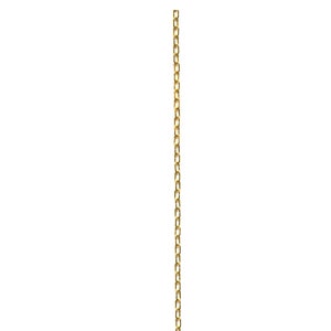 May include: A vertical, close-up shot of a gold-colored chain against a white background. The chain is composed of elongated, rectangular links. The links are evenly spaced and create a linear pattern. The chain appears to be made of metal.