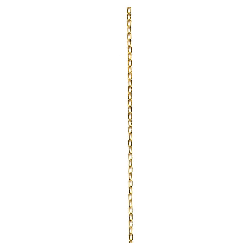 May include: A vertical, close-up shot of a gold-colored chain against a white background. The chain is composed of elongated, rectangular links. The links are evenly spaced and create a linear pattern. The chain appears to be made of metal.