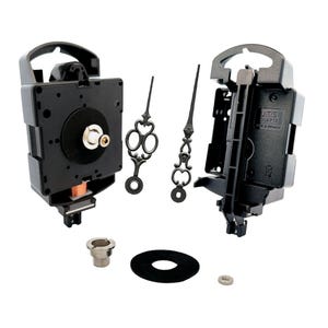 Puede incluir: Un kit de movimiento de reloj negro con dos manecillas negras, una arandela negra, una tuerca plateada y un soporte de montaje plateado. El movimiento del reloj tiene una etiqueta blanca que dice "JITS QUARTZ MADE IN TAIWAN".