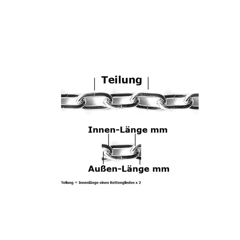 May include: Diagram of a silver chain with labels in German. The labels indicate measurements such as "Teilung", "Innen-L&auml;nge mm", and "Au&szlig;en-L&auml;nge mm". The text "Teilung = Innenl&auml;nge eines Kettengliedes x 2" is also present.