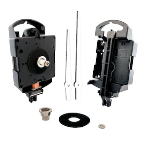 May include: Clock movement kit with black plastic clock hands, a black plastic clock mechanism, a black plastic washer, a silver metal nut, and a silver metal screw. The clock mechanism has the text "JITS QUARTZ MADE IN GERMANY" printed on it.