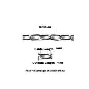 May include: Close-up of a silver chain with labels indicating "Division", "Inside Length mm", and "Outside Length mm". The text "Pitch = inner length of a chain link x2" is also present. The chain links are oval-shaped.