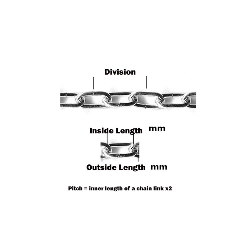 May include: Close-up of a silver chain with labels indicating "Division", "Inside Length mm", and "Outside Length mm". The text "Pitch = inner length of a chain link x2" is also present. The chain links are oval-shaped.