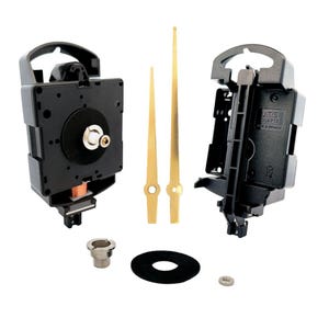 May include: Clock movement kit with black clock hands, a black clock mechanism, a black washer, a silver nut, and a gold metal mounting bracket. The clock mechanism has the text "J.T.S. QUARTZ MADE IN GERMANY" printed on it.