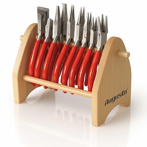 Juego de alicates de relojero AUGUSTA con 9 alicates diferentes en un práctico soporte de madera