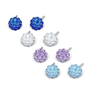 May include: Set of six silver stud earrings with crystal accents. The earrings are in shades of blue, white, and purple.