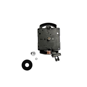 May include: A black clock movement with a white dial and silver hands. The movement is disassembled and includes a small black washer, a silver nut, and a silver tube.
