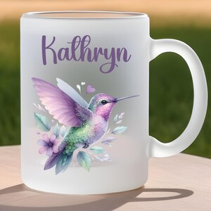 Custom Hummingbird Mug with Name, Personalised frosted glass cup with watercolour bird 330ml