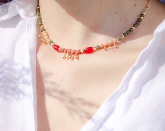 Collier Perles Laiton, Os Et Verre Bleu Turquoise - Style Ethnique Et Unique