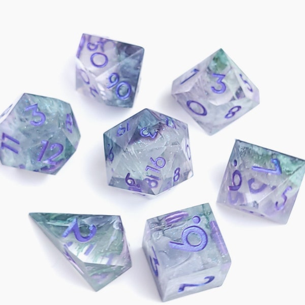 Handmade dice set, 7 piece dice set, crystal D4, 2x D20, Pen and Paper, Dnd dice, TTRPG dice, polyhedral dice, sharp edged dice