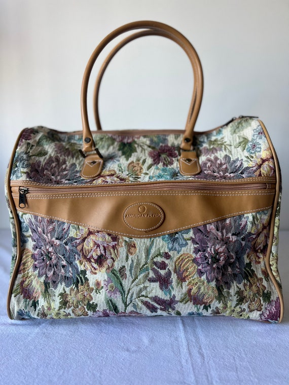 VINTAGE FRENCH LUGGAGE CO PARADISE TAPESTRY FLORAL SHOES DUFFLE BAG RARE