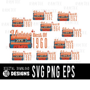 Bundle Vintage 1960-1969 Birthday svg, Retro Best Of 1960s Vintage Cassette Birthday Born in 60s Svg Png, Bundle Birthday, Digital download