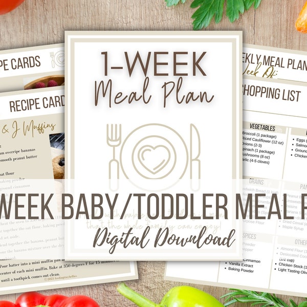 Plan de repas pour bébé/tout-petit d'une semaine | Liste d'épicerie | Cartes de recettes de plan de repas | Sevrage et alimentation des tout-petits dirigés par bébé