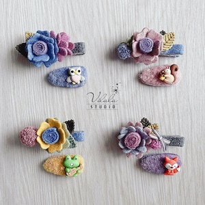 Hair clip set for girls, hair clip, hair clip, felt flowers, resin animal, owl, squirrel, frog, fox