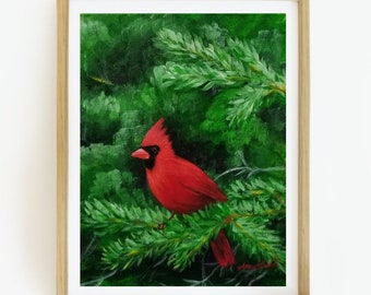 Cardinal on Pine - Acrylic Painting Fine Art Print
