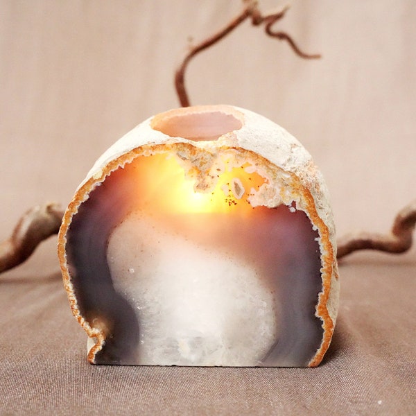 Natural agate lamp, agate geode as gemstone candle holder