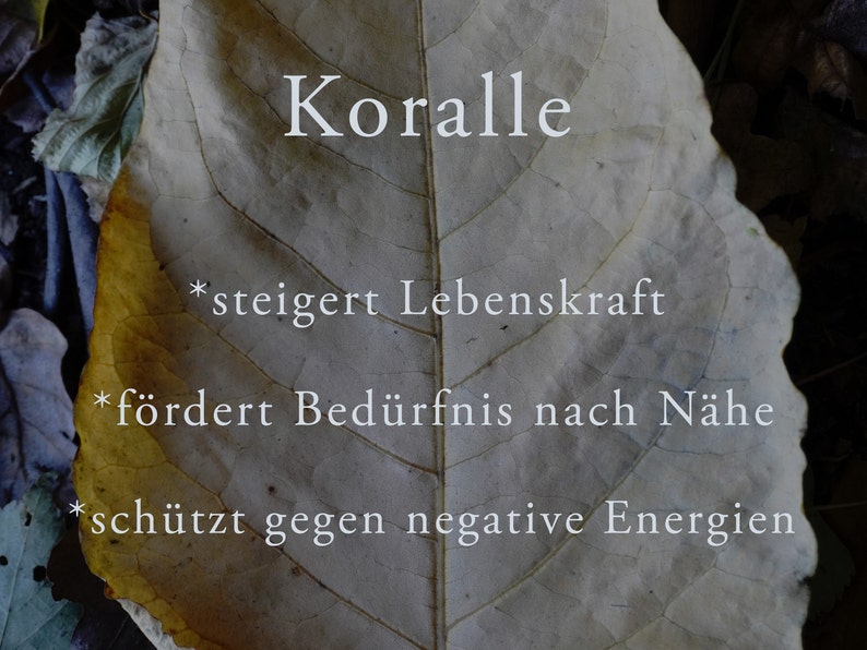 May include: A close-up of a leaf with the word "Koralle" written on it. The leaf is a light brown colour with a yellow tint. The text below the word "Koralle" reads: *steigert Lebenskraft *f&ouml;rdert Bed&uuml;rfnis nach N&auml;he *sch&uuml;tzt gegen negative Energien