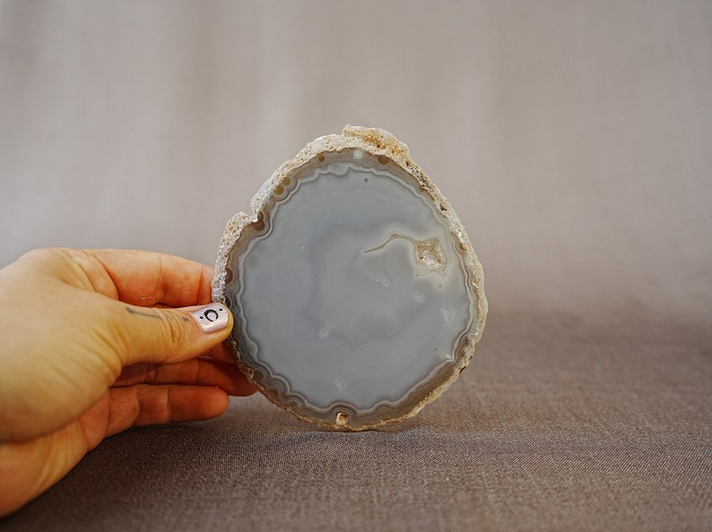May include: A light grey agate slice with brown banding. The agate is smooth and polished, with a natural, organic shape.