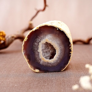 Könnte beinhalten: Eine polierte Achat-Geode mit einem violetten und weißen Inneren und einer hohlen Mitte. Die Geode liegt auf einer braunen Oberfläche.