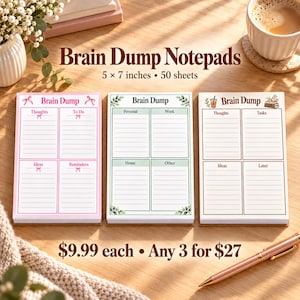 May include: Three 5 x 7 inch Brain Dump notepads with 50 sheets each. The pink pad features bow accents, the green pad has leaf borders, and the brown pad includes coffee and book icons. Each notepad is divided into four labeled sections.