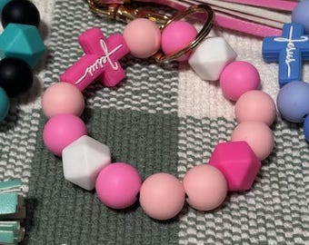 Beaded Silicone Wristlet Bracelet with Cross Charm, Christian Keychain, Faith Wristlet, Gift for Women