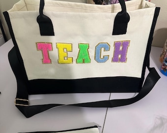 Personalized Canvas Tote Bag Set with TEACH Patch, Teacher Appreciation Gift Bag