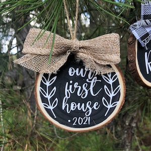 Our First House Ornament with Custom Date, Christmas Ornament, Housewarming Gift, Rustic Wood House Ornament