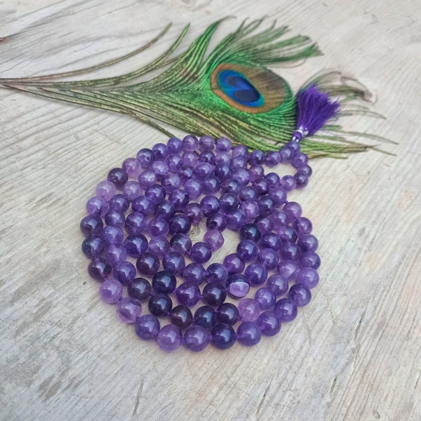 Amethyst Mala, Prayer Necklace, Tibetan Mala, Knotted Mala, Amethyst Necklace, 8 mm Bead Mala, 108 Bead Amethyst Mala, Yoga Mala, Mantra Mala