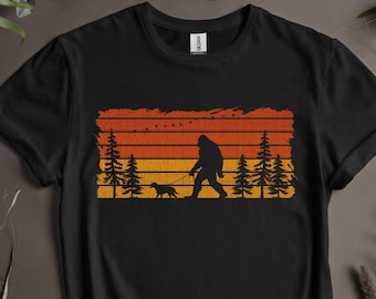 Bigfoot Walking Dog Shirt, Vintage Funny Sasquatch T Shirt, Retro Hiking Graphic Tee, National Park Outdoors Gift, Dog lovers gift