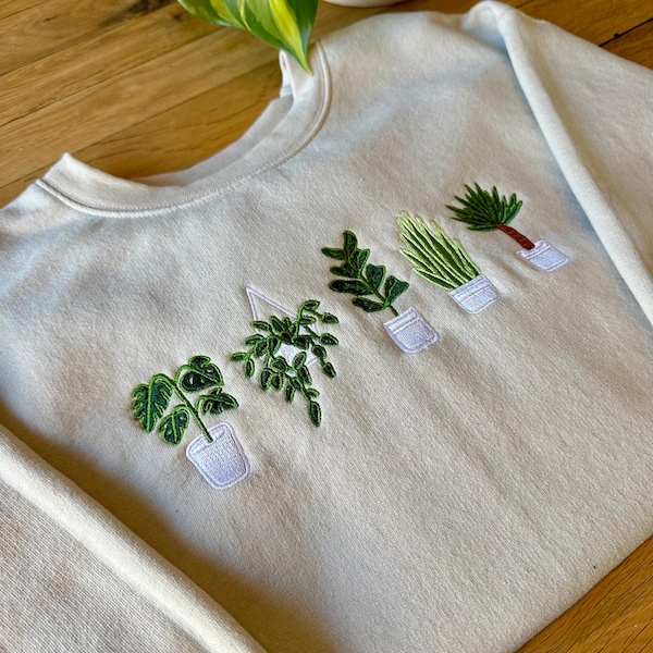 Embroidered Houseplant Sweatshirt: Boho Plant Lover Crewneck
