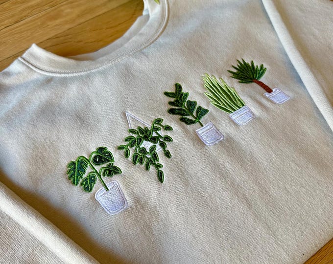 Embroidered Houseplant Sweatshirt and Hoodie, Plant Lover Gift, Boho Plant Crewneck, Plant Parent Gift, Garden Lover