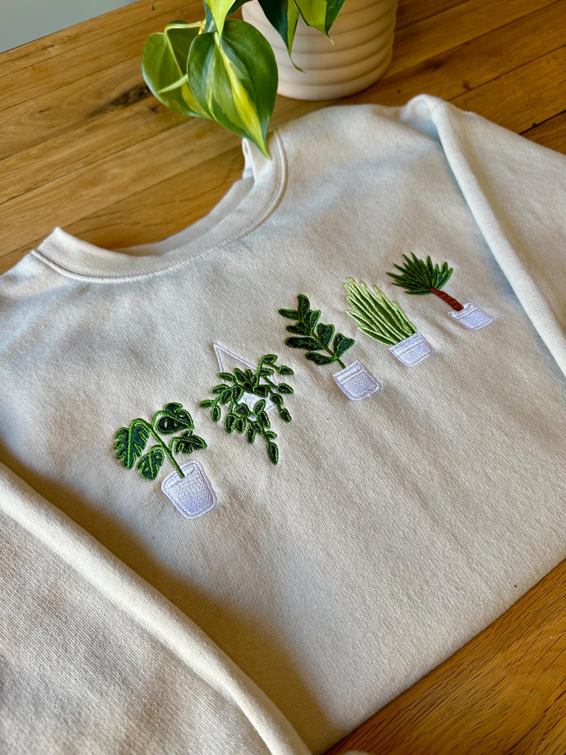 Embroidered Houseplant Sweatshirt: Boho Plant Lover Crewneck