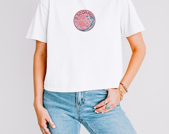 Scorpio Embroidered Patch Crop Top, Zodiac Star Sign Boxy Cropped Tee, Astrology Birthday Gift for Her, Scorpion Embroidered Shirt
