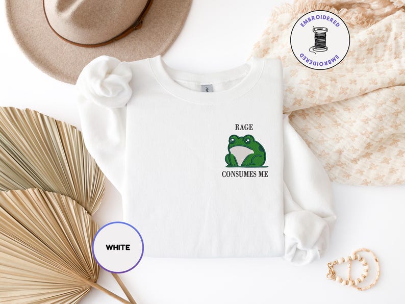 Felpa con cappuccio ricamata "La rabbia mi consuma" / Maglione con meme della rana / Girocollo divertente con rana / Regalo sarcastico e umoristico con cerniera immagine 6