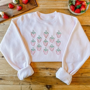 Embroidered Strawberry Sweatshirt | Cottagecore Fruit Pullover | Handmade Cozy Gift | Nature-Inspired Apparel | Berry Lover Sweatshirt