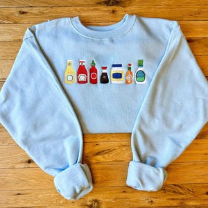 Embroidered Condiment Sweatshirt: Ketchup, Mustard, Hot Sauce - Foodie Gift