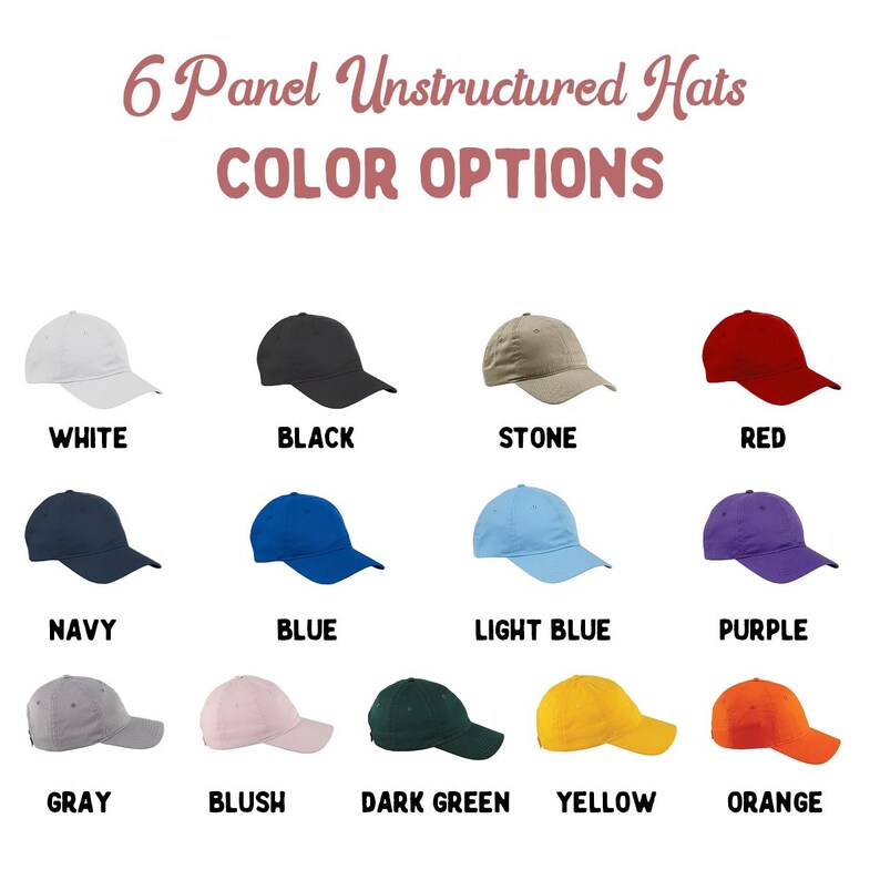 K&ouml;nnte beinhalten: Abbildung von 12 unstrukturierten 6-Panel-H&uuml;ten in verschiedenen Farben, darunter Wei&szlig;, Schwarz, Stein, Rot, Marine, Blau, Hellblau, Lila, Grau, Rosa, Dunkelgr&uuml;n, Gelb und Orange. Text: "6 Panel Unstructured Hats COLOR OPTIONS."