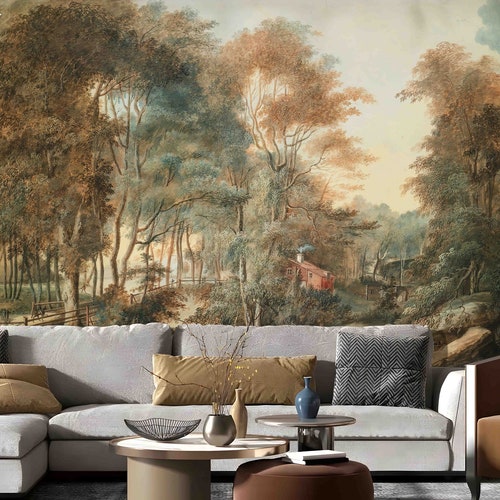 Landscape mural wallpaper Removable Peel and Stick Scenic Vintage Painting Wallpaper Rural art mural  - TR001