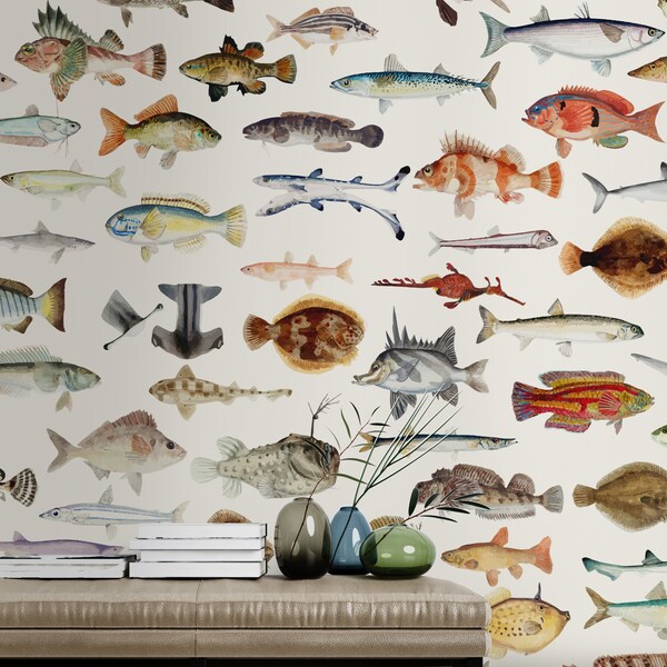 Removable vintage wallpaper, fish pattern, sea fish, Peel and Stick Wallpaper, Botanical Wallpaper, Removable Traditional Wallpaper,  TR022