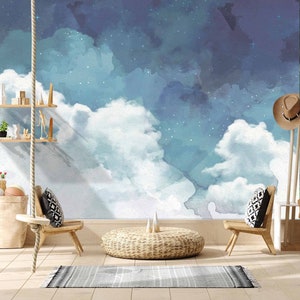 Cloudy Night Sky Wallpaper, Fantastic Starry Sky Wallpaper Removable Clouds Wall mural Bedroom Nursery Kids WALLPAPER  - QT001