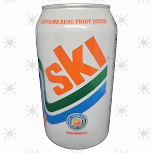 May include: A white SKI soda can with orange, green, and blue graphics. The can features the text "SKI" in large orange letters, with the words "CONTAINS REAL FRUIT JUICES" printed on the top. A circular logo reads "REAL LEMON ORANGE ORIGINAL".