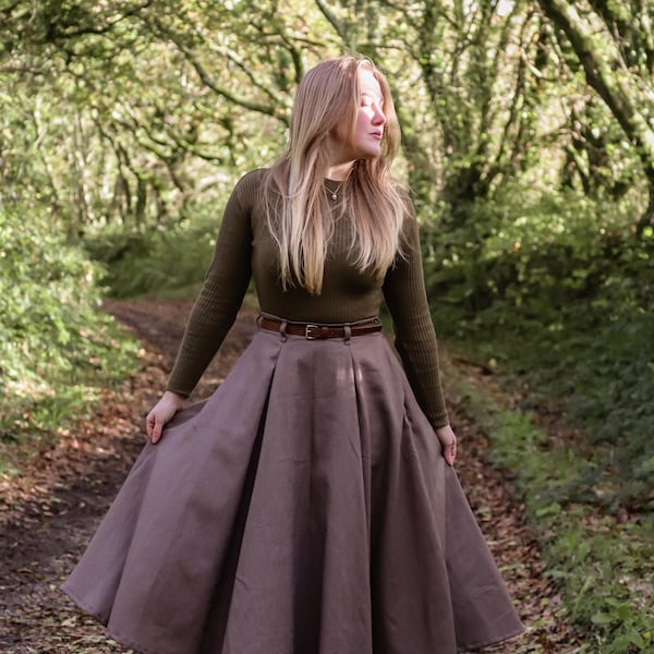 Ramie Linen Cotton A-Line Skirt: High Waisted with Pockets