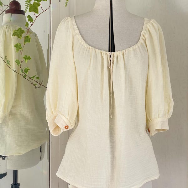 Cotton Gauze Peasant Blouse - 3/4 Puff Sleeve, Adjustable Neckline
