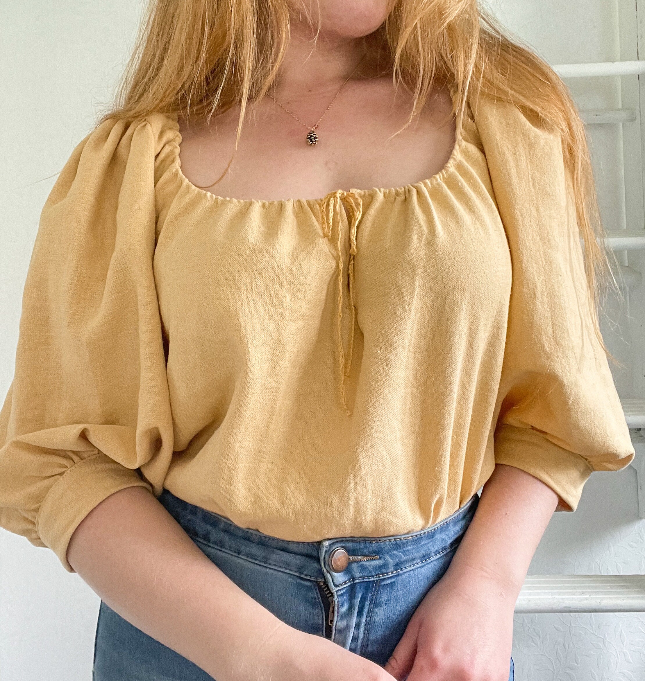 Yellow Peasant Blouse - Linen 3/4 Puff Sleeve - Green Cream