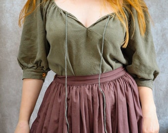 Blouse paysanne - Lin manches bouffantes 3/4 - Vert crème noir - Slow Fashion Cottagecore Pirate Farmcore Hobbit Médiéval Ren Faire Style Coton