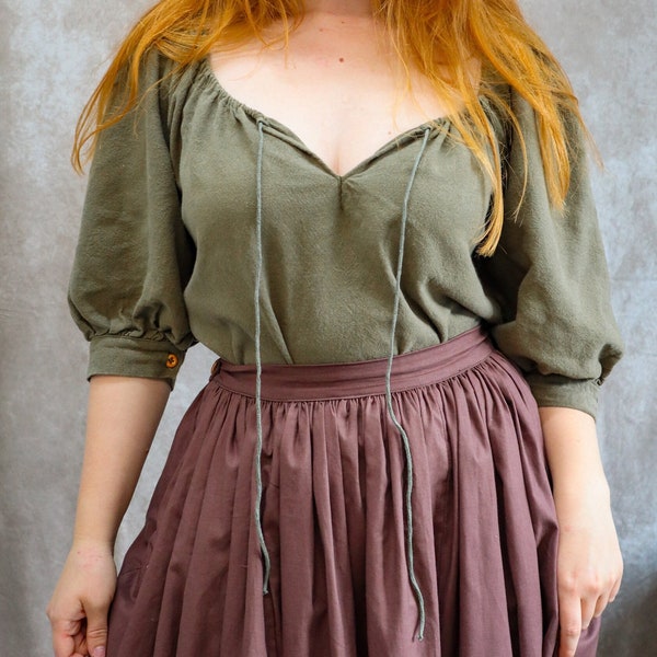 Boerenblouse - Linnen 3/4 Pofmouw - Groen Crème Zwart - Slow Fashion Cottagecore Piraat Farmcore Hobbit Middeleeuwse Ren Faire Stijl Katoen