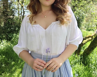 Cotton Gauze Peasant Blouse - 3/4 Puff Sleeve, Adjustable Neckline