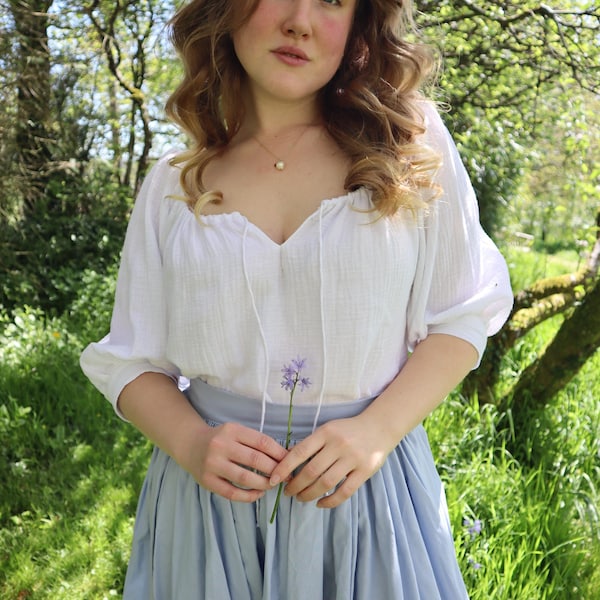 Cotton Gauze Peasant Blouse - 3/4 Puff Sleeve, Adjustable Neckline