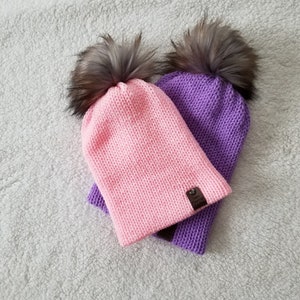 Pink or Purple Beanie, Winter hat with removable pom